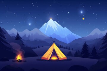 idyllic camping under a starry night, depicting a peaceful and picturesque outdoor scene with a cozy tent and a starlit sky.