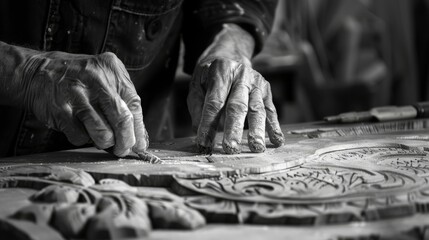 black and white photograph of an artist's hands carving wood showcasing intricate designs and craftsmanship