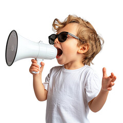 Fototapeta premium A young boy is holding a megaphone and wearing sunglasses. Concept of fun and playfulness
