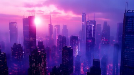 Fototapeta premium Futuristic cityscape at sunset with vibrant pink and purple hues, showcasing tall skyscrapers
