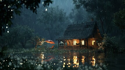 Fototapeta premium There is a small house on the side of the road in the rain generative AI.
