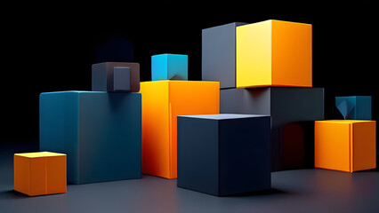 Obraz premium 3D render of geometric blocks on a dark background, geometric blocks float in an abstract composition against a pure black backdrop, abstract colorful cubes background.