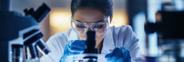 a woman in a lab coat is looking at a microscope