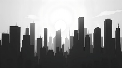Black and white minimalist cityscape with abstract skyscrapers and foggy atmosphere