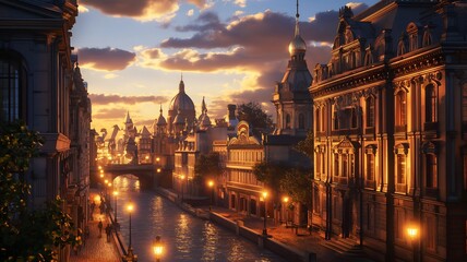Fototapeta premium Vintage European cityscape at golden hour, showcasing classic architecture and tranquil canals