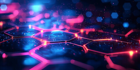 Hexagonal geometric shapes glowing on a dark blue background, reflecting a technology concept