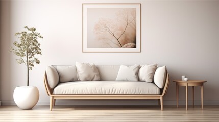  Curved love seat sofa against white wall with frames