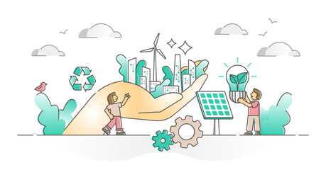 Environment care with sustainable electricity power source outline concept, transparent background. Abstract ecological recycling and alternative energy solutions with urban city served on palm.