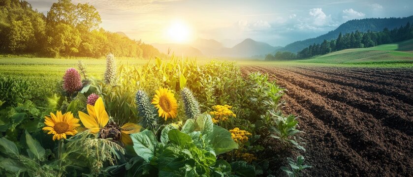 Collage illustrating agricultural activities impacting biodiversity featuring fields and diverse ecosystems