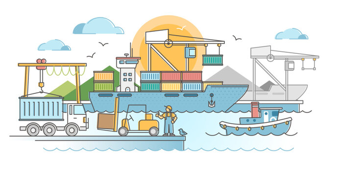 recommend clip art: Commercial port harbor dock with container ship unloading outline concept, transparent background.Industrial water transportation and trade logistics illustration.