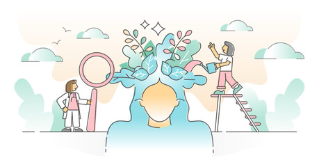 Mental health care with mind psychological balance therapy outline concept, transparent background. Thoughts emotional control and positive mood help from medics and doctors illustration.