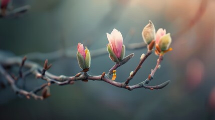 Delicate baby buds on a magnolia tree branch, a prelude to the grand spectacle of spring blossoms