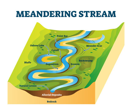 Meandering stream illustration, transparent background. Labeled river curves cause explanation scheme. Diagram with watercourse structure. Point bar, meander scar, erosion, deposition.