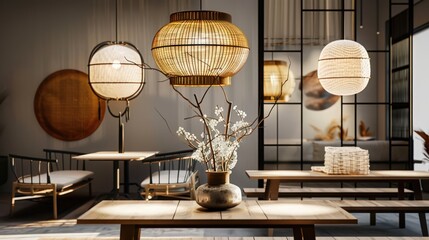 Describe the process of selecting lighting fixtures that complement the Japandi aesthetic