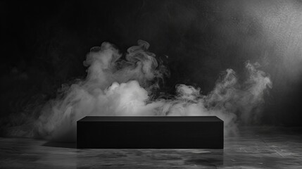 black podium in white smoke isolated on black background, concept of product presentation and adversing
