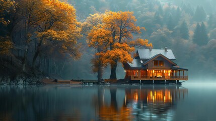 Fototapeta premium Charming Lakeside home sorrounded by autmn tree. Ai generated Landscape Image.