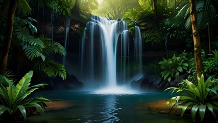 Waterfall forest nature tropical background jungle wallpaper Generative AI