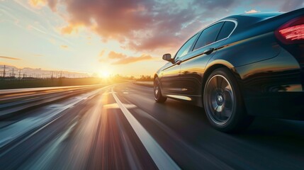 A black sedan speeds down the highway at dawn or sunset, seen from the side while traveling by car. 