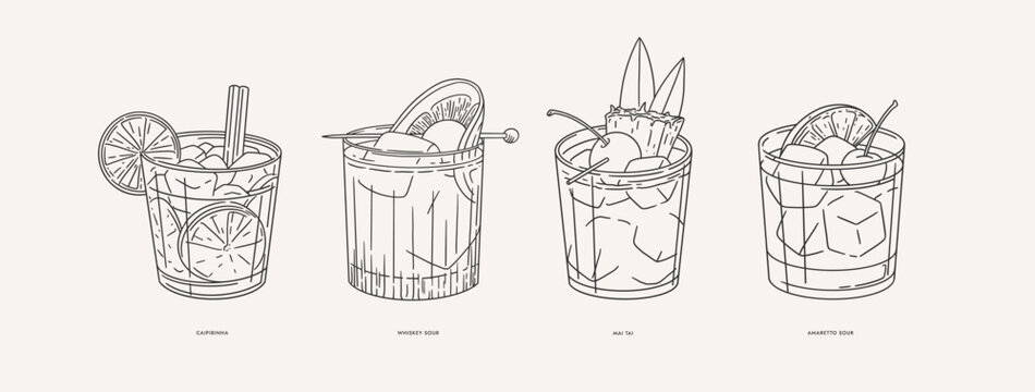 Mai Tai, Amareto sour, Whiskey sour, Caipirinha. Set of popular alcoholic cocktails in linear style. Illustration for drinks cards, bar and wedding menus, cards and website graphics.