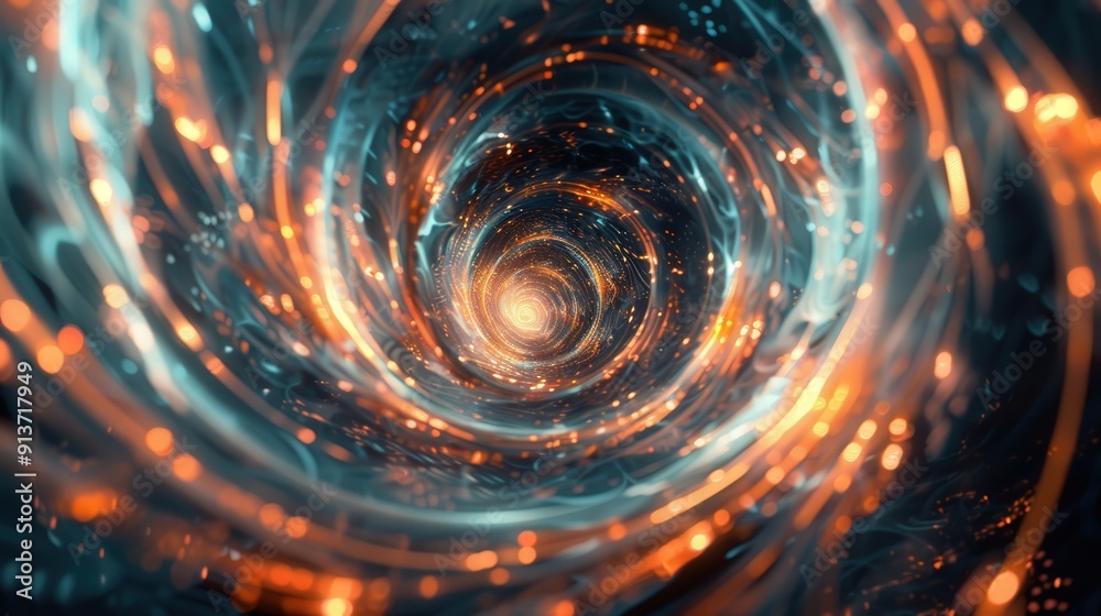 Poster digital 3d vortex with swirling patterns and light effects, creating a mesmerizing and hypnotic back