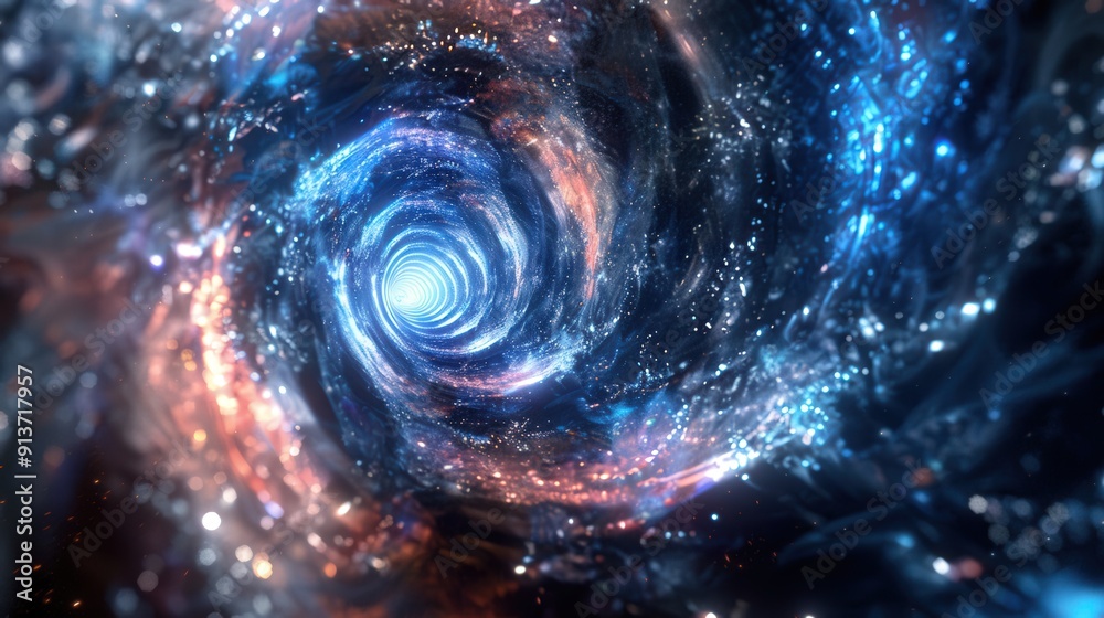 Poster digital 3d vortex with swirling patterns and light effects, creating a mesmerizing and hypnotic back