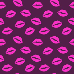 Seamless pattern of vibrant pink lips on a purple background, perfect for fashion and beauty-themed designs