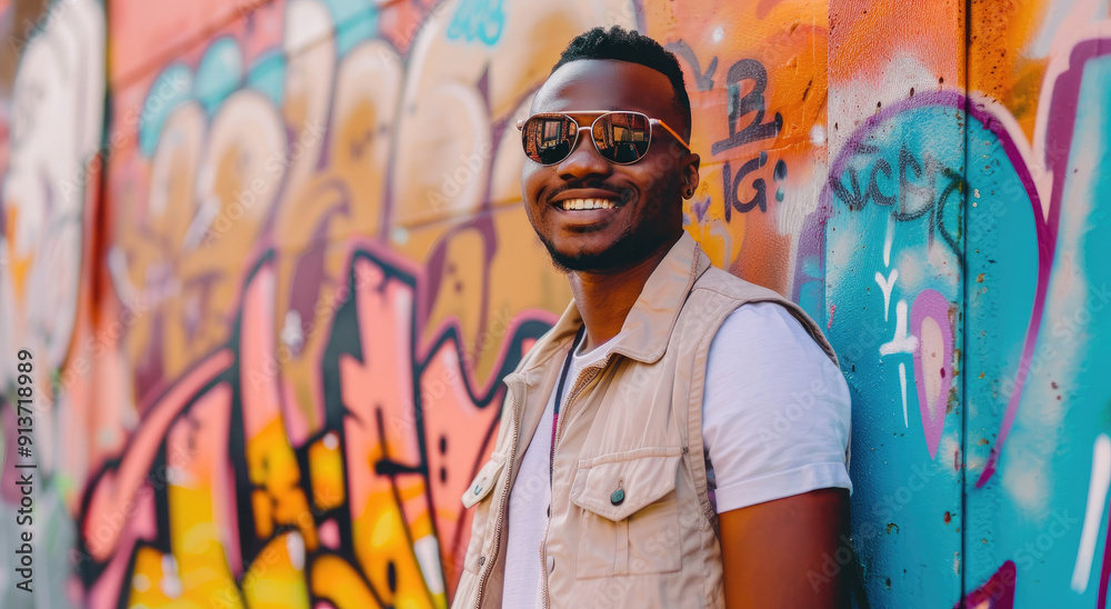 Canvas Prints A confident and stylish young man standing in front of an urban graffiti wall, smiling as he poses for the camera with his hip-hop accessories on display