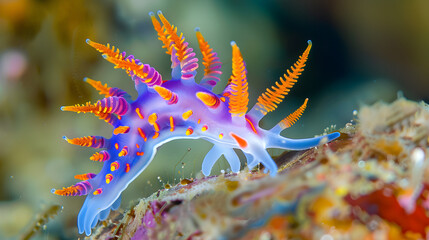 Vibrant nudibranch with yellow, purple, and orange patterns navigating rocky ledge in the ocean.