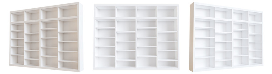 set of emply wooden shelf,  book shelf isolated on white background, emply space for product, 3d rendering