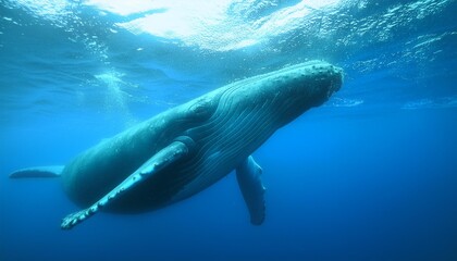 Obraz premium whale swimming gracefully beneath the ocean surface. The deep blue water surrounds the whale, highlighting its immense size and serene presence. The sunlight filtering, grandeur of marine life