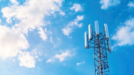 5g antenna mast on blue sky background - abstract concept of telecommunication industry and wireless technology