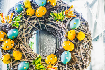 easter spring decoration with flowers and butterflies