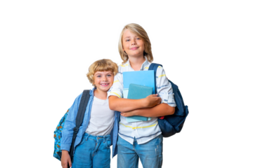 Middle elementary primary school smiling teen boy girl backpack png isolated white background looking at camera holding books. Copy space for advertising blank concept. Back to school.