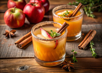 Autumn-inspired cocktail features a rich apple cider margarita with a brown sugar rim, garnished with a sprig of fresh thyme and warm cinnamon sticks.