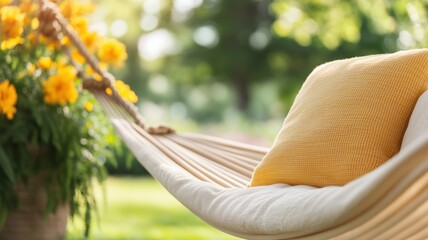 Naklejka premium A cozy hammock with a soft pillow, surrounded by vibrant flowers, perfect for relaxation in a serene outdoor setting.