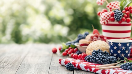 A vibrant display of berries and cookies perfect for patriotic celebrations and summer gatherings, set against a natural backdrop.