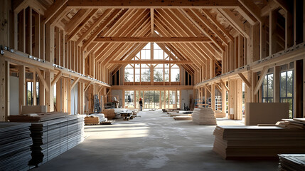 Interior View of a Wooden Frame House Under Construction