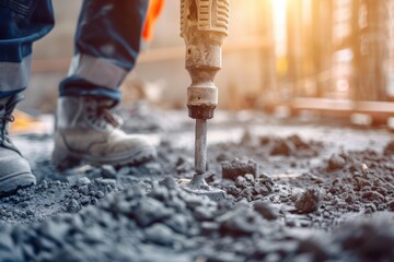 a person is standing on a construction site with a drill
