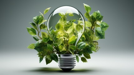 Green plants symbolizing sustainability, growing inside a light bulb. Perfect for ecofriendly designs, renewable energy concepts, and environmental themes.