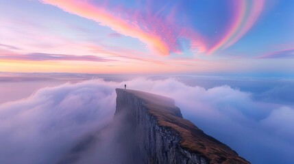 Brocken spectre with rainbowcolored halos on misty cliffs, breathtaking natural wonder, dramatic landscape