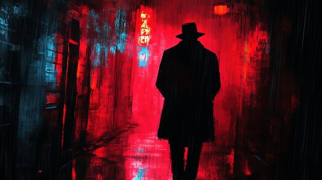 A mysterious figure in a dark alley illuminated by vibrant red and blue lights, evoking a suspenseful atmosphere.
