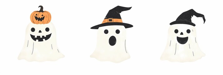 Obraz premium Cute drawn illustration of ghosts with hat and with pumpkins on white background, ghost set, Halloween and children's book illustration concept, greeting card, banner, cut out