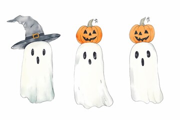 Fototapeta premium Cute drawn illustration of ghosts with hat and with pumpkins on white background, ghost set, Halloween and children's book illustration concept, greeting card, banner, cut out
