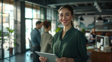The smiling businesswoman with tablet