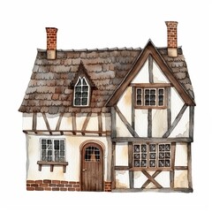 Watercolor painting of a Tudor cottage, on isolated white background
