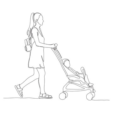recommend clip art: Woman walking with baby stroller. Side view. Continuous line drawing. Black and white vector illustration in line art style.
