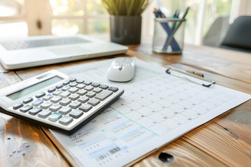 Blank notepad sheet, calendar, calculator and financial planner for reminders and preparation of activities/ top view
