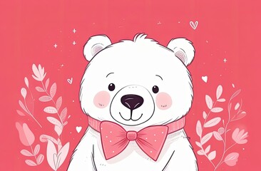 Big white polar bear with bow Greeting Card. red background