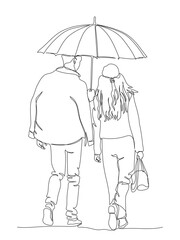 Couple with umbrella walking away on rainy weather day. Back view. Continuous line drawing. Black linear vector illustration in line art style.