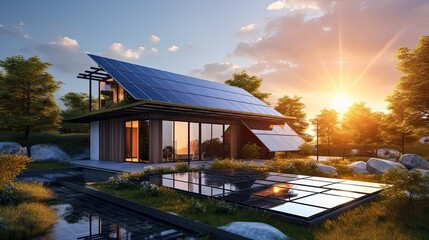 Obraz premium Modern home with solar panels, swimming pool, sunset, green foliage. Ideal for ecofriendly lifestyle, real estate, energy efficiency concepts.